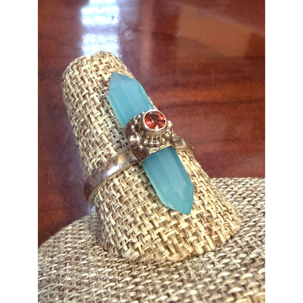 Sterling Silver 925 Blue Chalcedony Crystal Point Garnet Ring Size 8.25